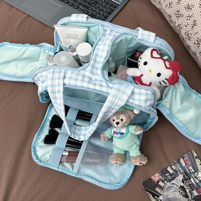 Blue Plaid Cosmetic Bag Women'S Double Wide Opening Large Capacity Travel Portable Partitioned Washing Storage Bag - Image 2